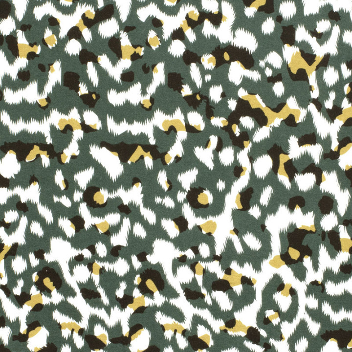 Tissu Jersey de Viscose – Motif Panthère Vert Sauvage - OEKO TEX