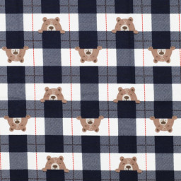 Flanelle motif Vichy grands carreaux marine motif tête d'ours