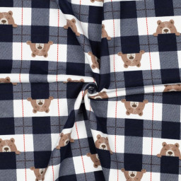 Flanelle motif Vichy grands carreaux marine motif tête d'ours