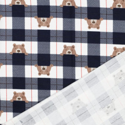 Flanelle motif Vichy grands carreaux marine motif tête d'ours