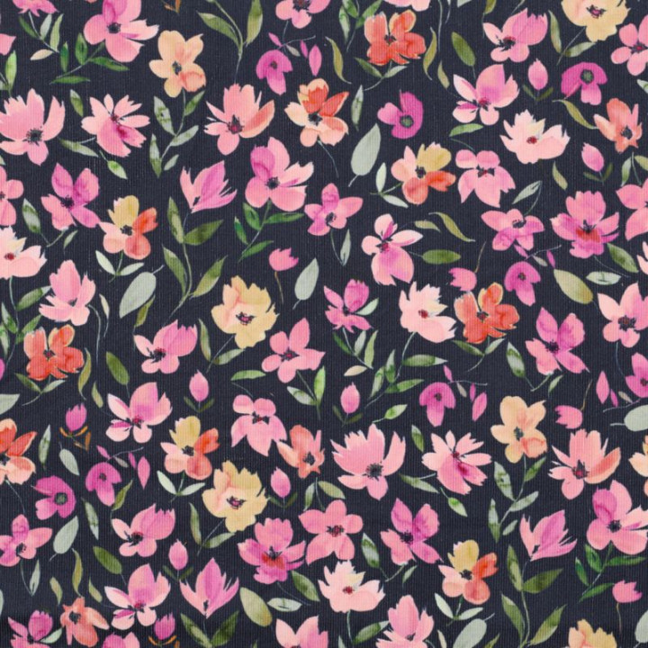 Tissu velours milleraies Poppy motif fleurs fond marine - oeko tex